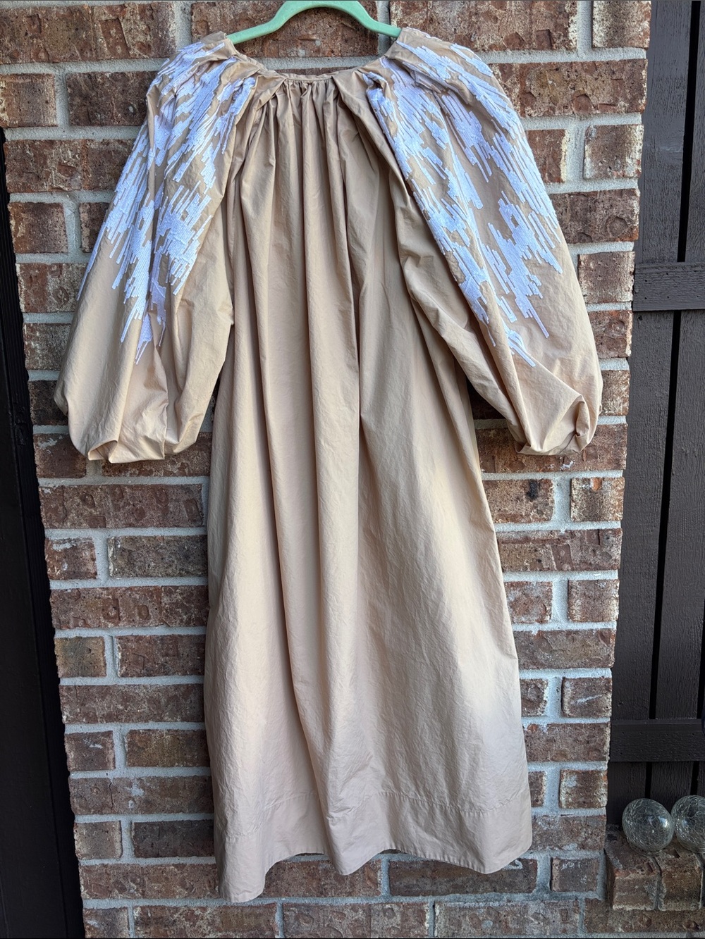 COS Beige puff Sleeve Midi Dress with White Embroidered Shoulders - Picture 6 of 11